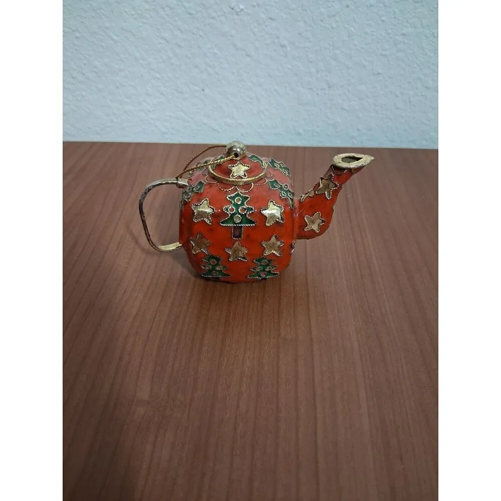 VTG Cloisonne Christmas Ornament Tea Pot Red